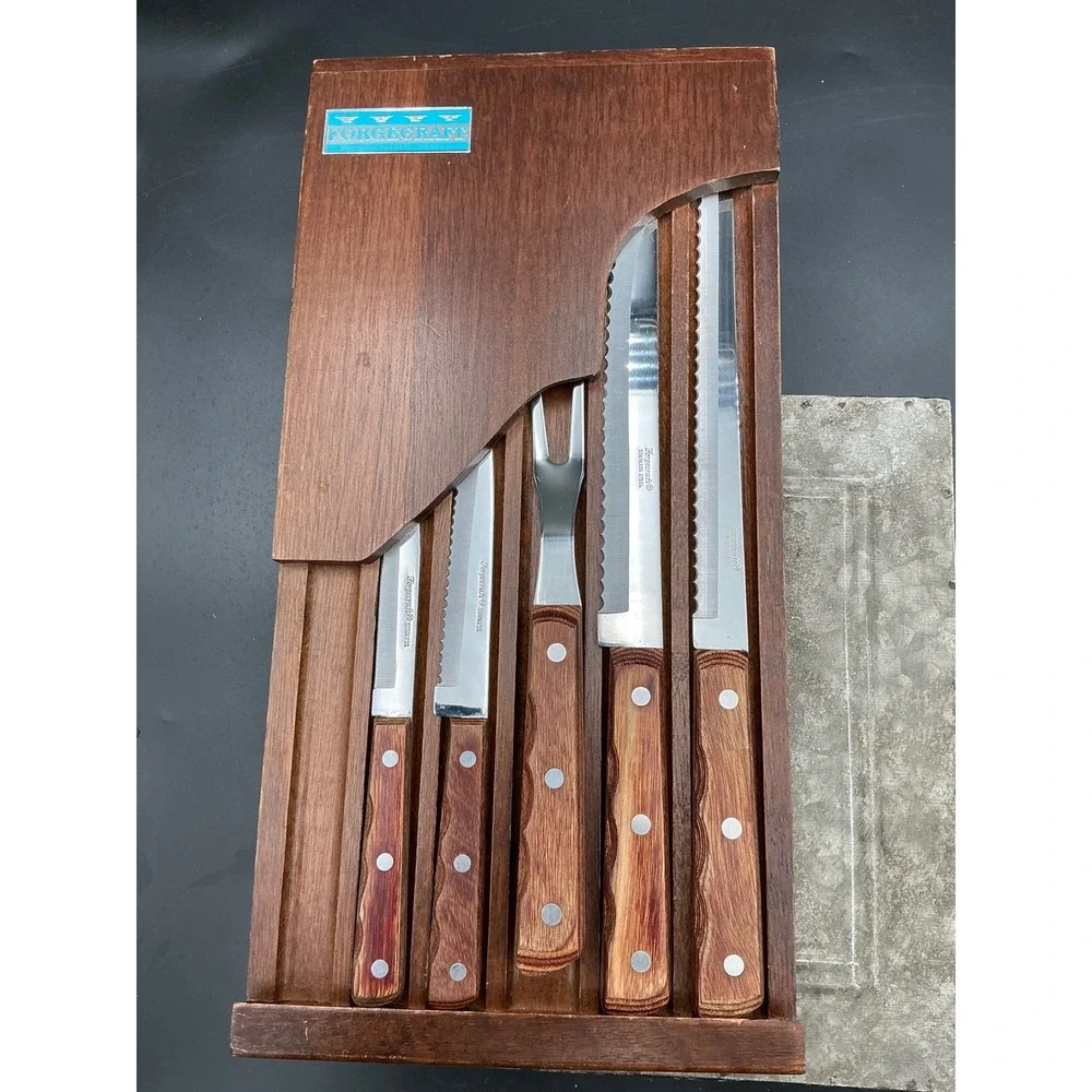 Vintage Forgecraft Washington Forge 5 Piece Knife Set with Wood Wall Block Japan